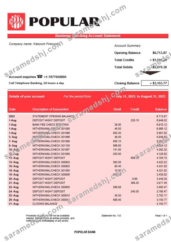 Popular Bank firm account statement Word and PDF template
